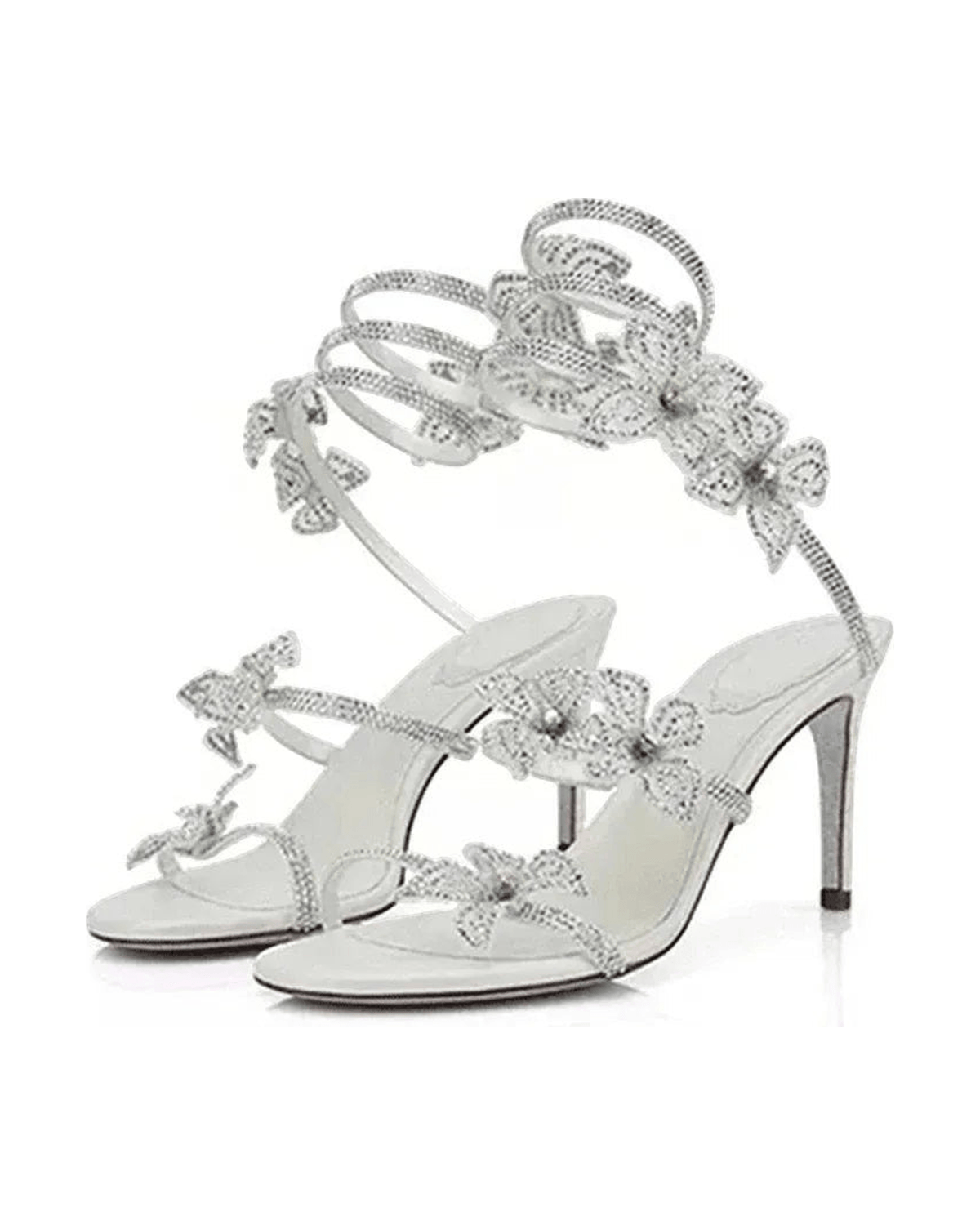 MIRAEE-UNIFORM-2026 | CRYSTAL FLOWER – High Heel Sandalen mit Kristallblumen – Weiß – freigestellte Produktansicht auf weißem Hintergrund