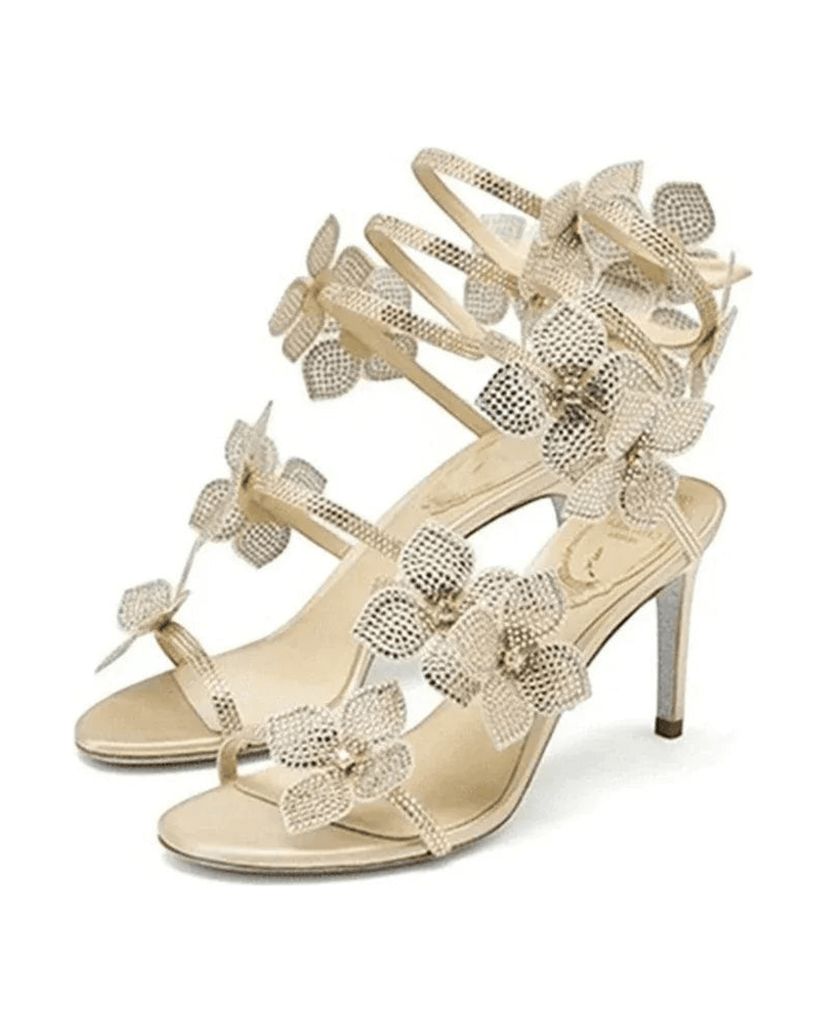 MIRAEE-UNIFORM-2026 | CRYSTAL FLOWER – High Heel Sandalen mit Kristallblumen – Gold – freigestellte Produktansicht auf weißem Hintergrund