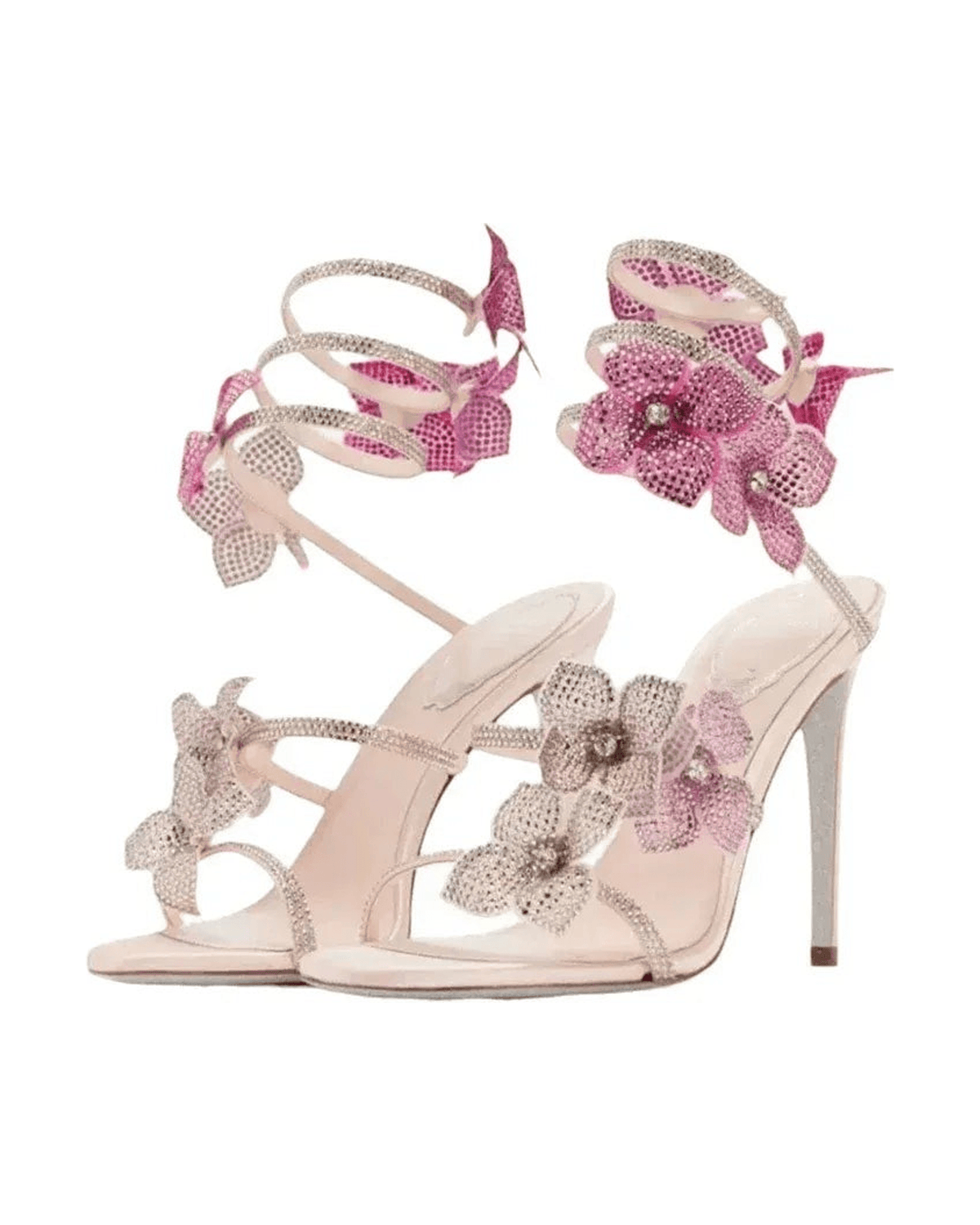 MIRAEE-UNIFORM-2026 | CRYSTAL FLOWER – High Heel Sandalen mit Kristallblumen – Pink – freigestellte Produktansicht auf weißem Hintergrund