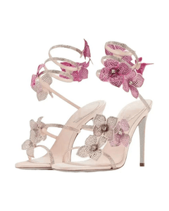 MIRAEE-UNIFORM-2026 | CRYSTAL FLOWER – High Heel Sandalen mit Kristallblumen – Pink – freigestellte Produktansicht auf weißem Hintergrund