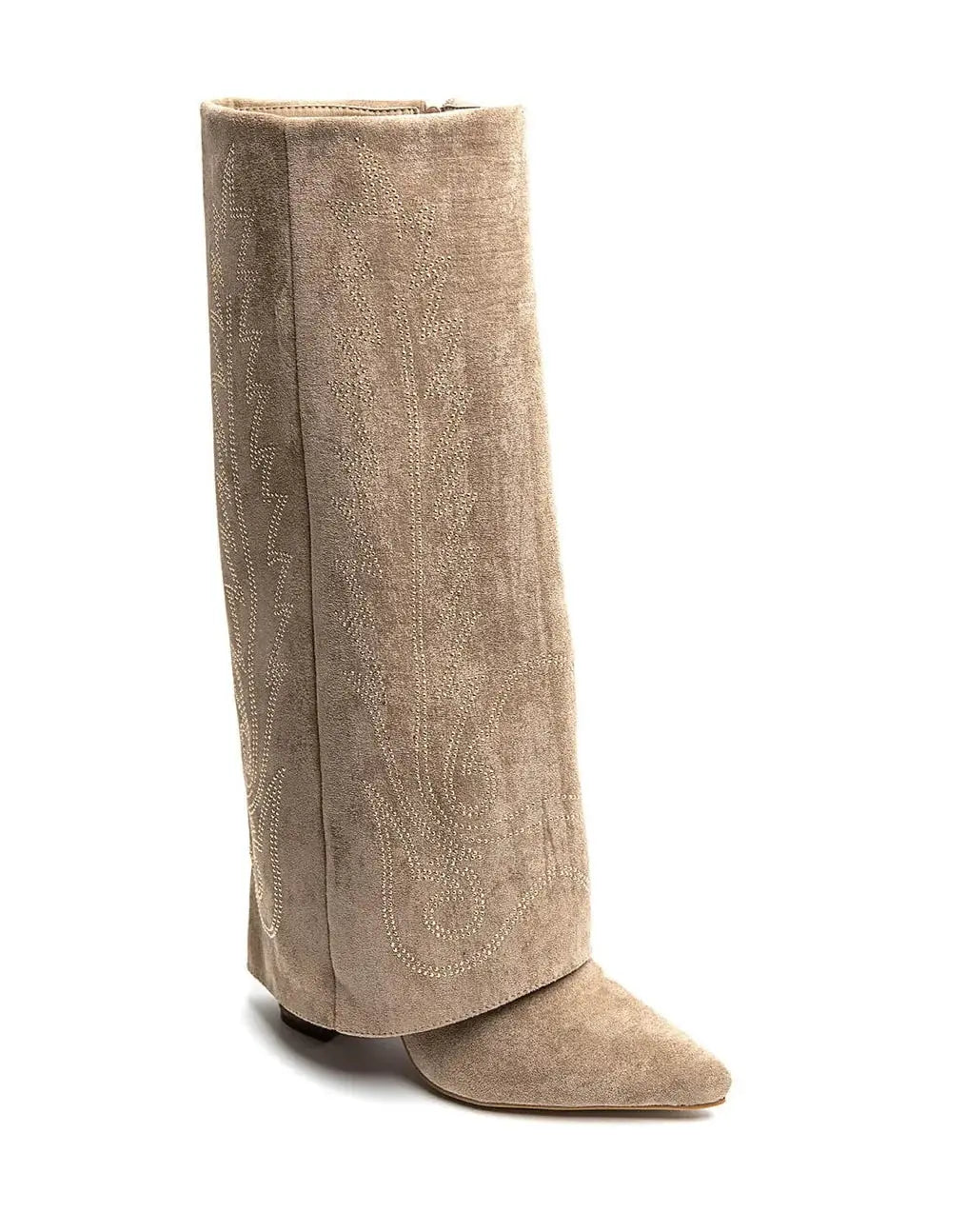 Damen Cowboy Stiefel Beige aus Wildleder mit Stickerei & Blockabsatz - Miraee Paris