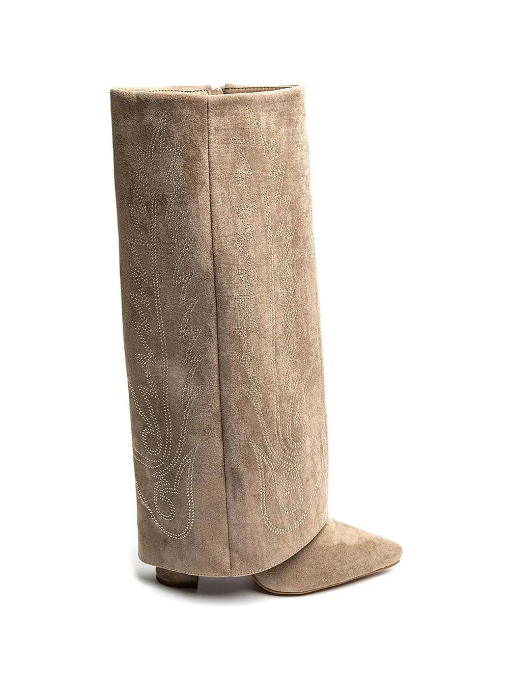 Damen Cowboy Stiefel Beige aus Wildleder mit Stickerei & Blockabsatz - Miraee Paris