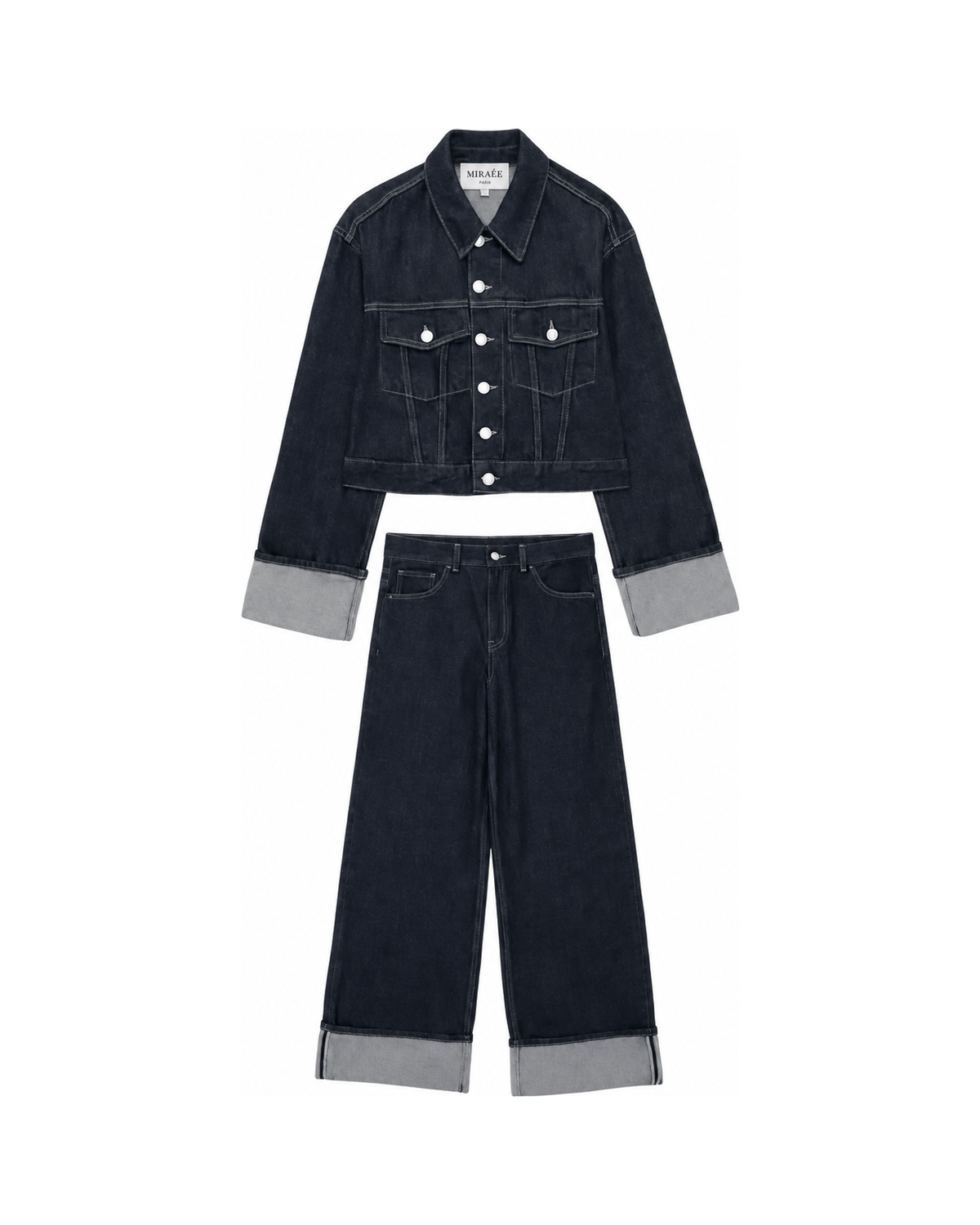 MIRAEE-UNIFORM-2026 | DENIM DUO – Co-Ord Set mit Jeansjacke & High-Waist Jeans – freigestellte Produktansicht auf weißem Hintergrund