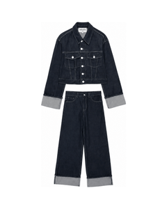 MIRAEE-UNIFORM-2026 | DENIM DUO – Co-Ord Set mit Jeansjacke & High-Waist Jeans – freigestellte Produktansicht auf weißem Hintergrund