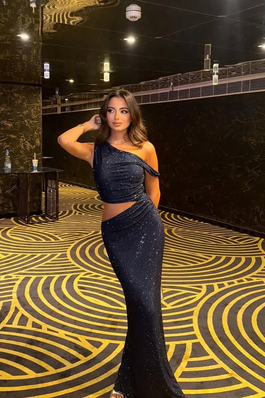 Elegantes One - Shoulder Pailletten - Abendkleid in Dunkelblau – Glamouröses Cut - out Maxi Dress - Miraee Paris