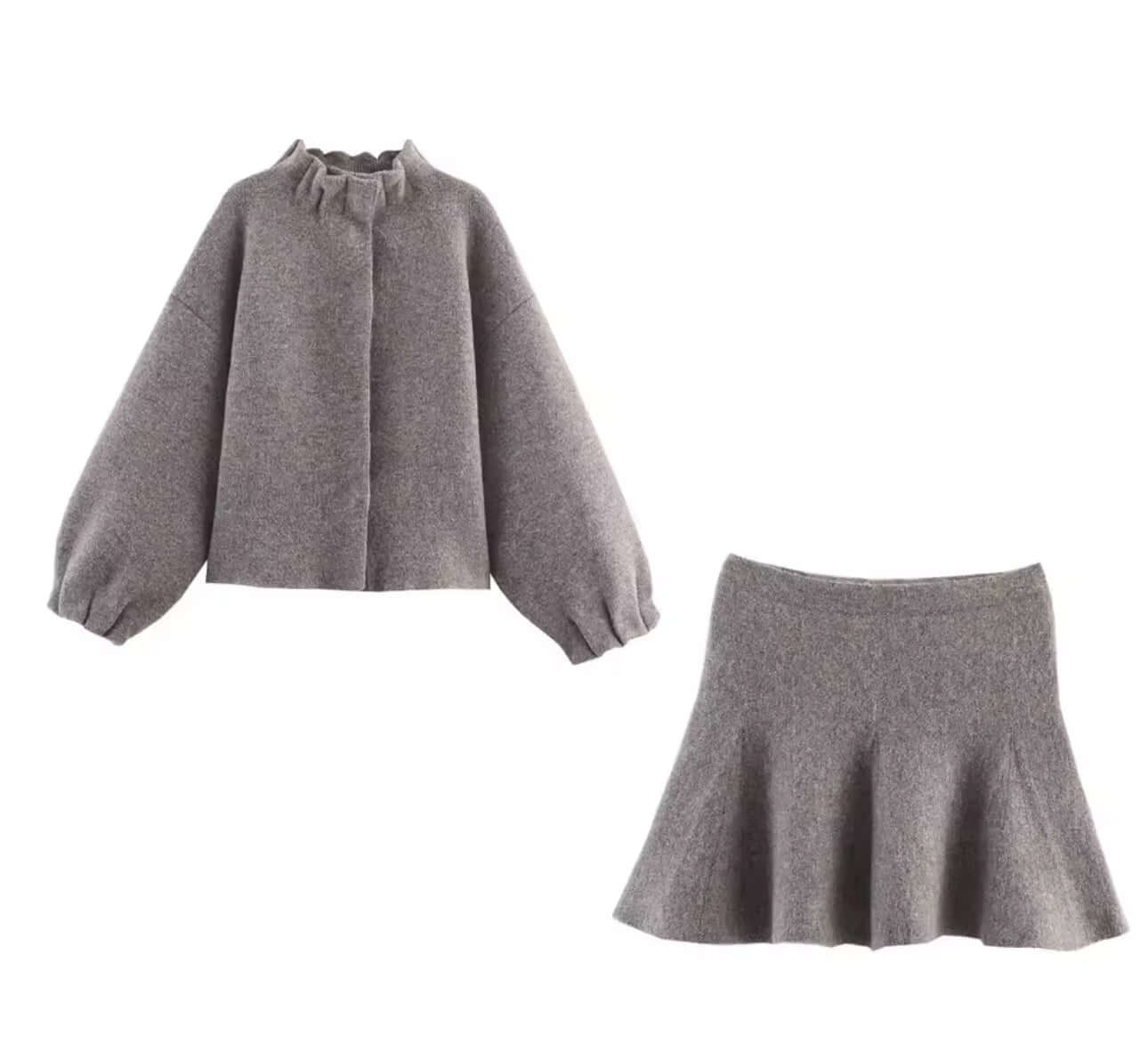 ELENA – Damen Mode Set aus grauem Wollmaterial, bestehend aus einer stilvollen Jacke und einem passenden Rock.
