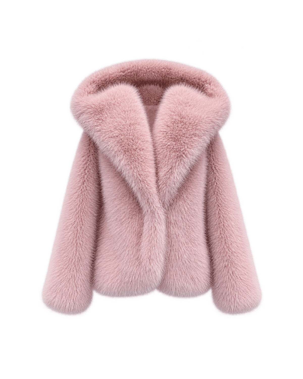 MIRAEE-UNIFORM-2026 | ÉLISE – Kurze Damenjacke in Felloptik mit Kapuze – pink – freigestellte Produktansicht auf weißem Hintergrund