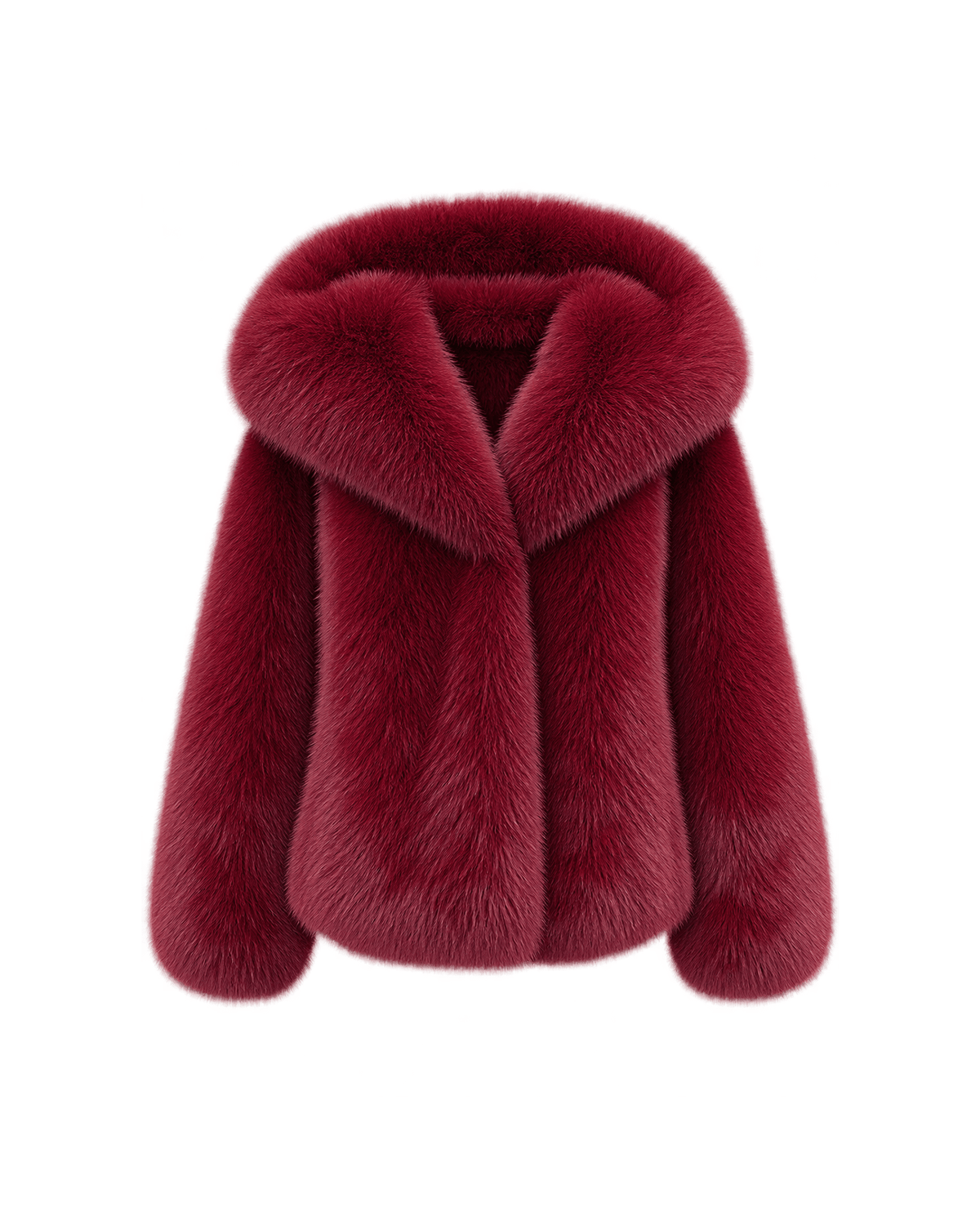 MIRAEE-UNIFORM-2026 | ÉLISE – Kurze Damenjacke in Felloptik mit Kapuze – Claret – freigestellte Produktansicht auf weißem Hintergrund