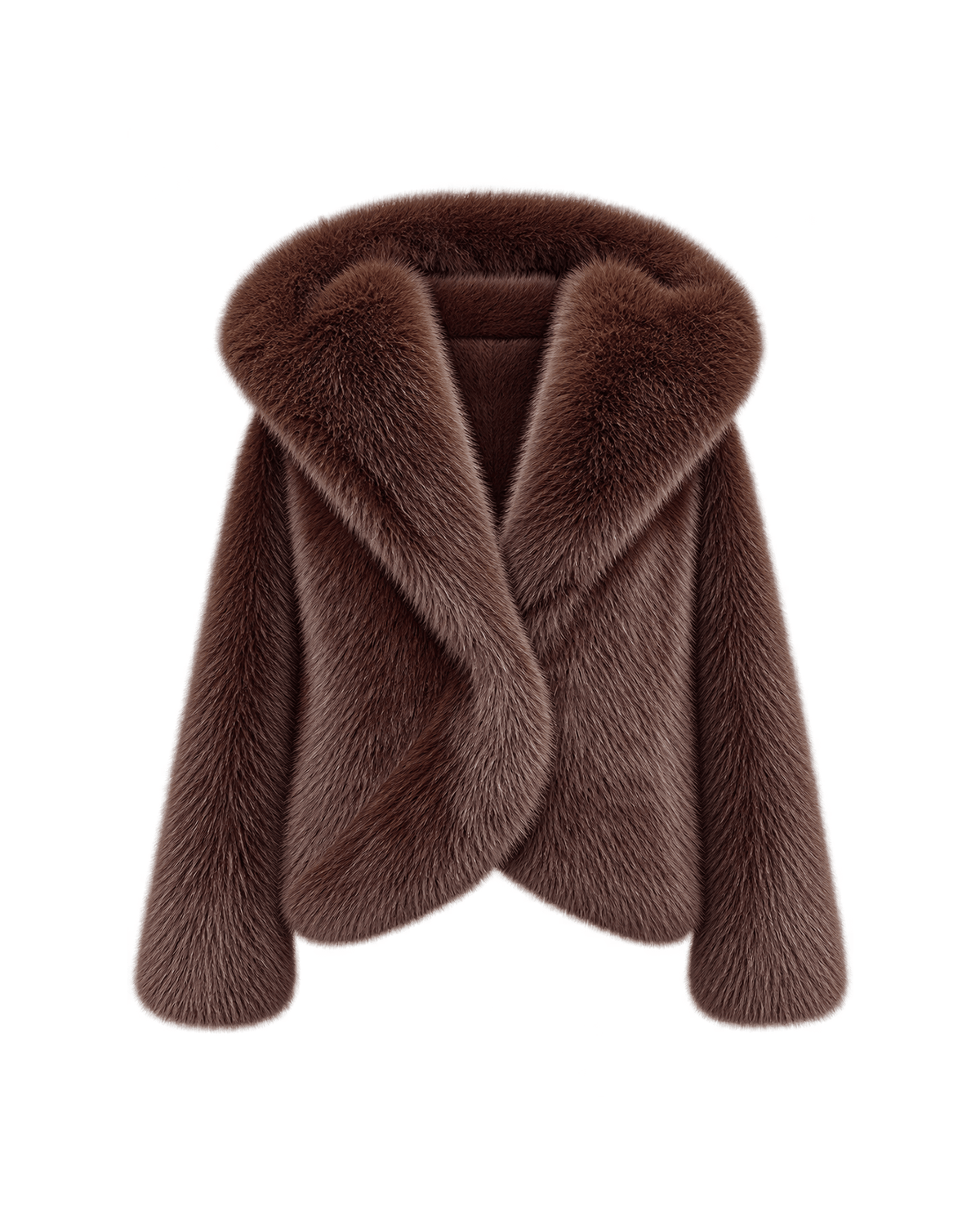 MIRAEE-UNIFORM-2026 | ÉLISE – Kurze Damenjacke in Felloptik mit Kapuze – brown – freigestellte Produktansicht auf weißem Hintergrund
