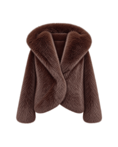 MIRAEE-UNIFORM-2026 | ÉLISE – Kurze Damenjacke in Felloptik mit Kapuze – brown – freigestellte Produktansicht auf weißem Hintergrund