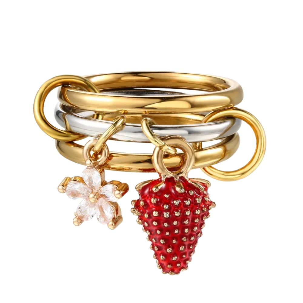 FLORA – Y2K Erdbeeren & Blumen Charm Ring Set - ZAYVI