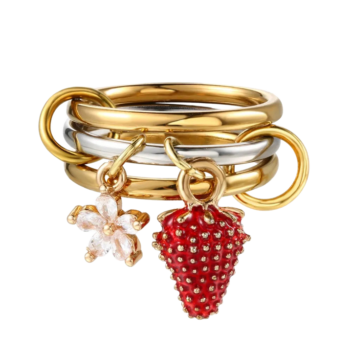 FLORA – Y2K Erdbeeren & Blumen Charm Ring Set - ZAYVI