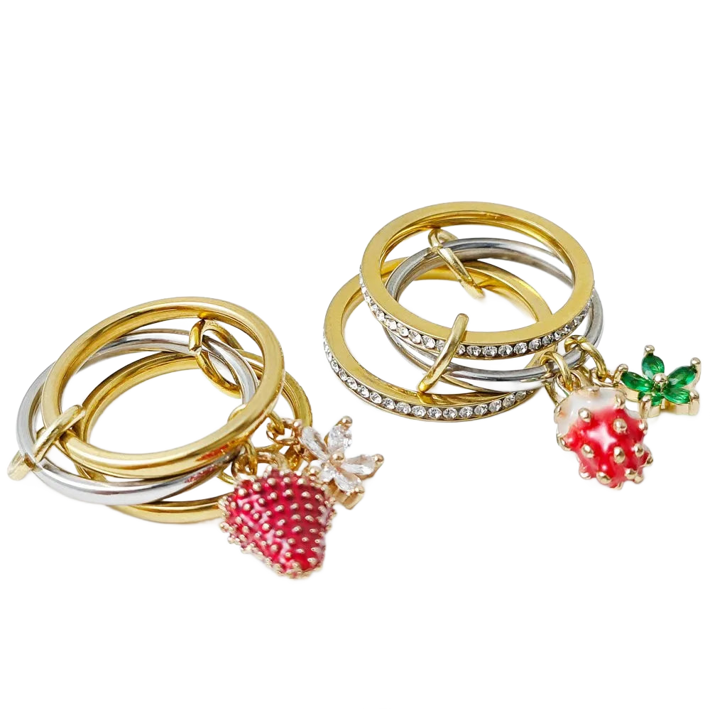 FLORA – Y2K Erdbeeren & Blumen Charm Ring Set - ZAYVI