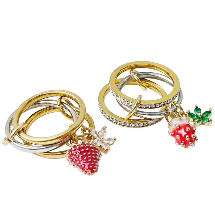 FLORA – Y2K Erdbeeren & Blumen Charm Ring Set - ZAYVI