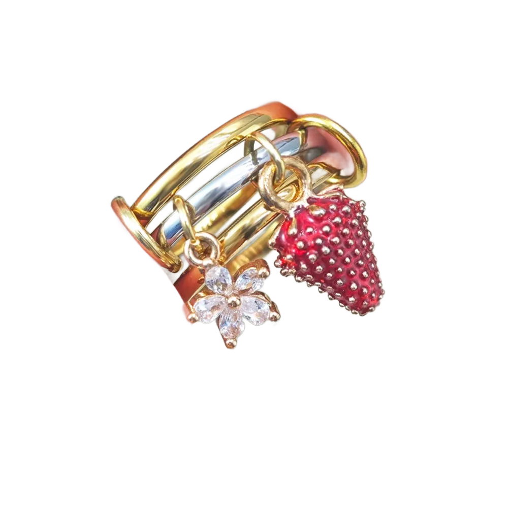 FLORA – Y2K Erdbeeren & Blumen Charm Ring Set - ZAYVI