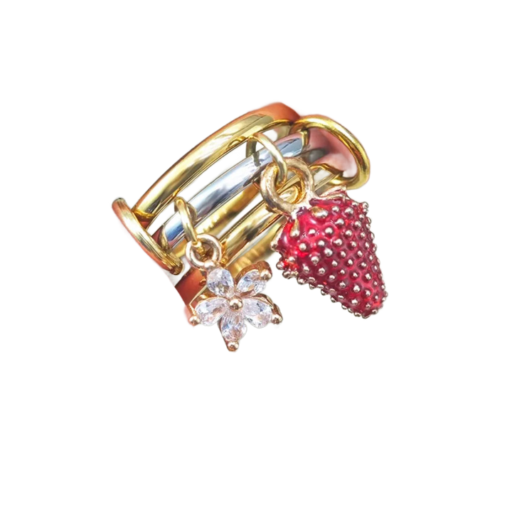 FLORA – Y2K Erdbeeren & Blumen Charm Ring Set - ZAYVI