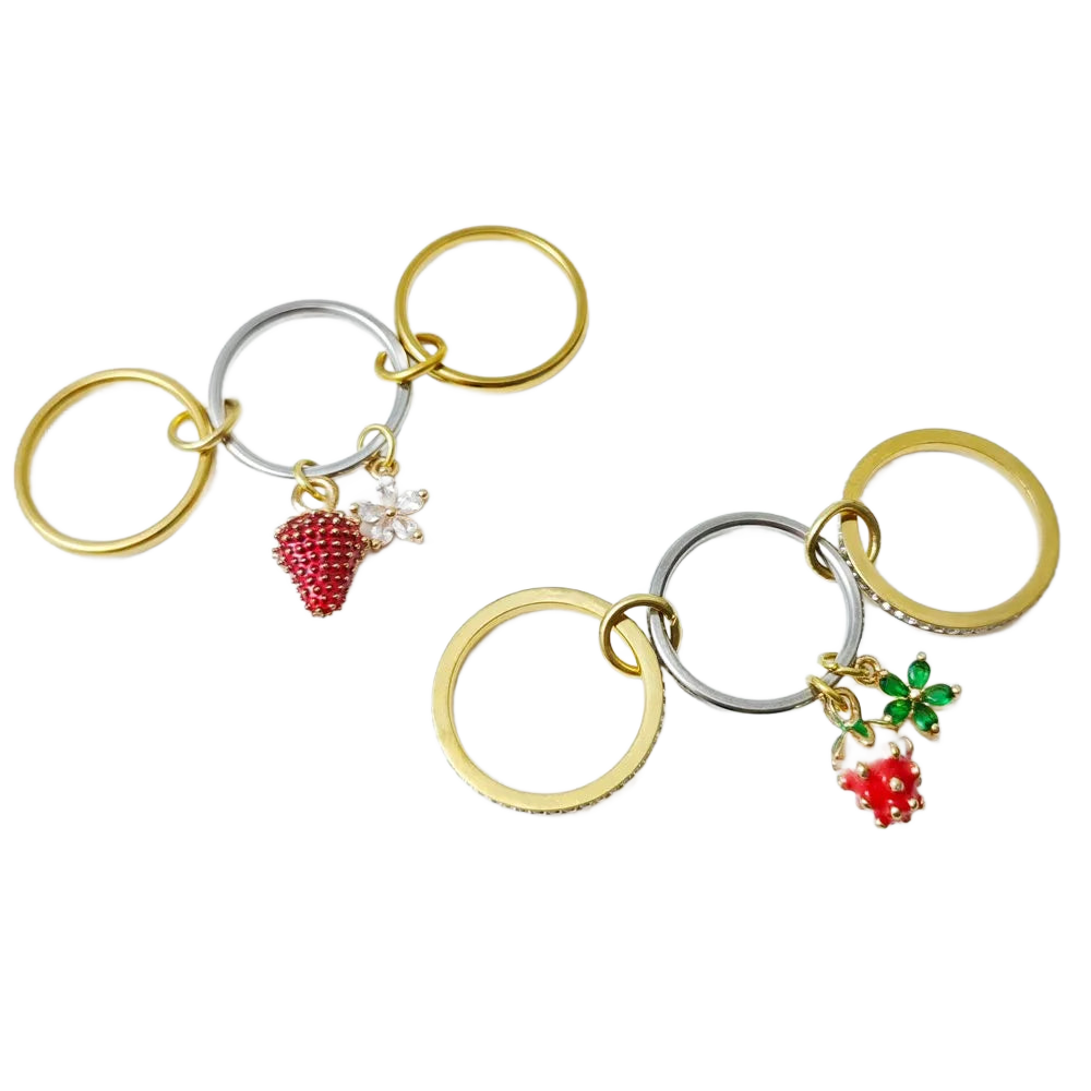 FLORA – Y2K Erdbeeren & Blumen Charm Ring Set - ZAYVI