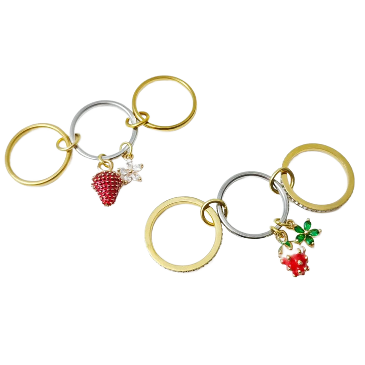 FLORA – Y2K Erdbeeren & Blumen Charm Ring Set - ZAYVI