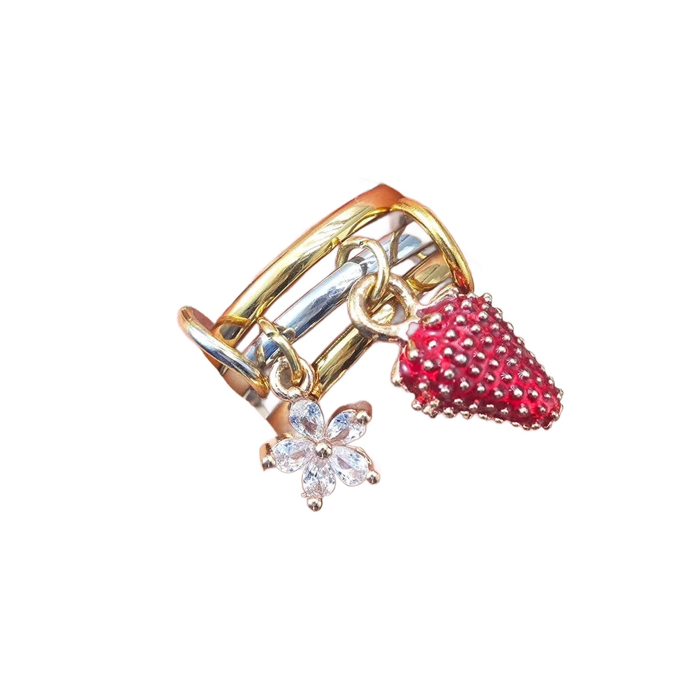 FLORA – Y2K Erdbeeren & Blumen Charm Ring Set - ZAYVI