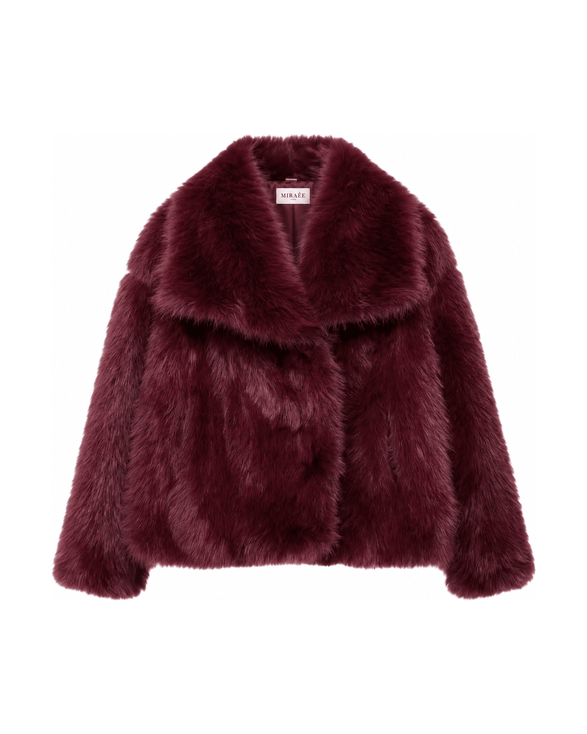 MIRAEE-UNIFORM-2026 | GLAMOUR FLUFFY – Luxuriöser Kunstpelzmantel – Weinrot – freigestellte Produktansicht auf weißem Hintergrund