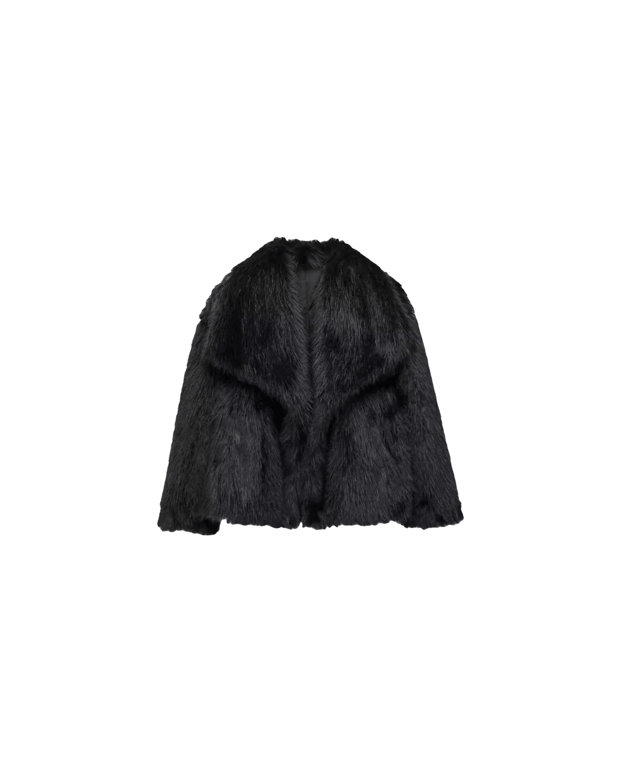 MIRAEE-UNIFORM-2026 | GLAMOUR FLUFFY – Luxuriöser Kunstpelzmantel – Schwarz – freigestellte Produktansicht auf weißem Hintergrund