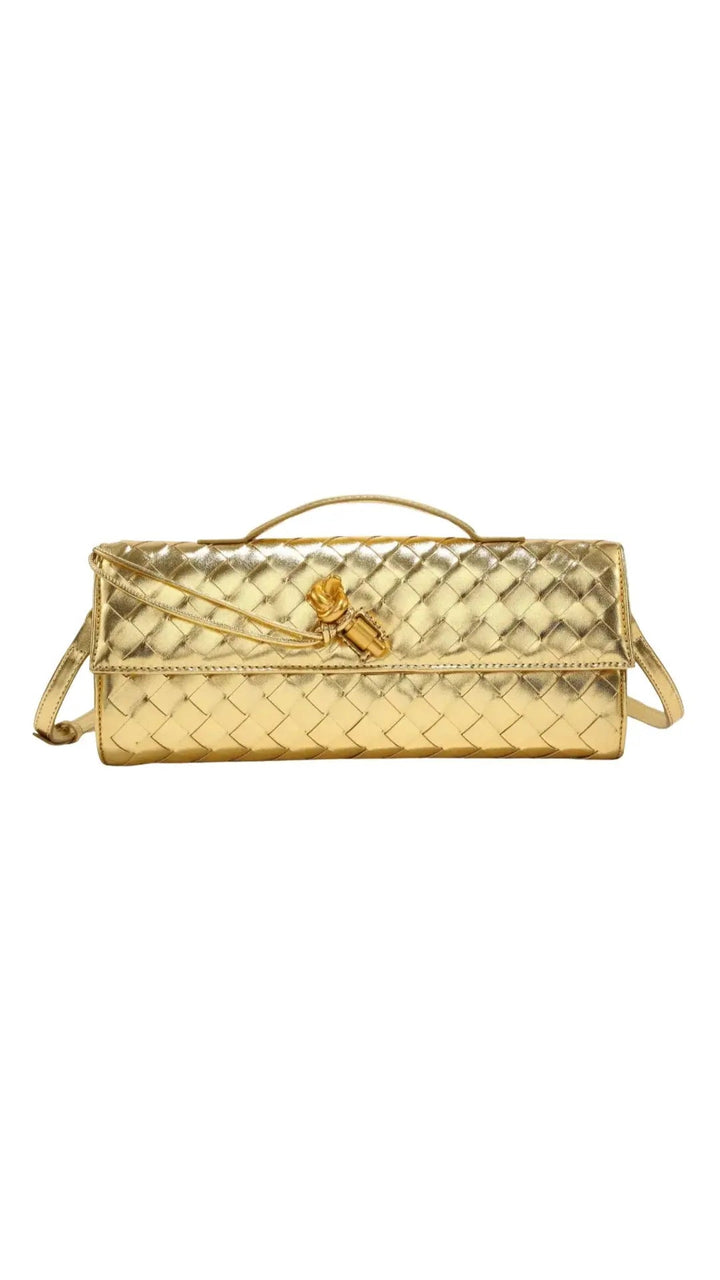 Handwoven Leather Clutch with Gold - Tone Detail - Miraee Paris