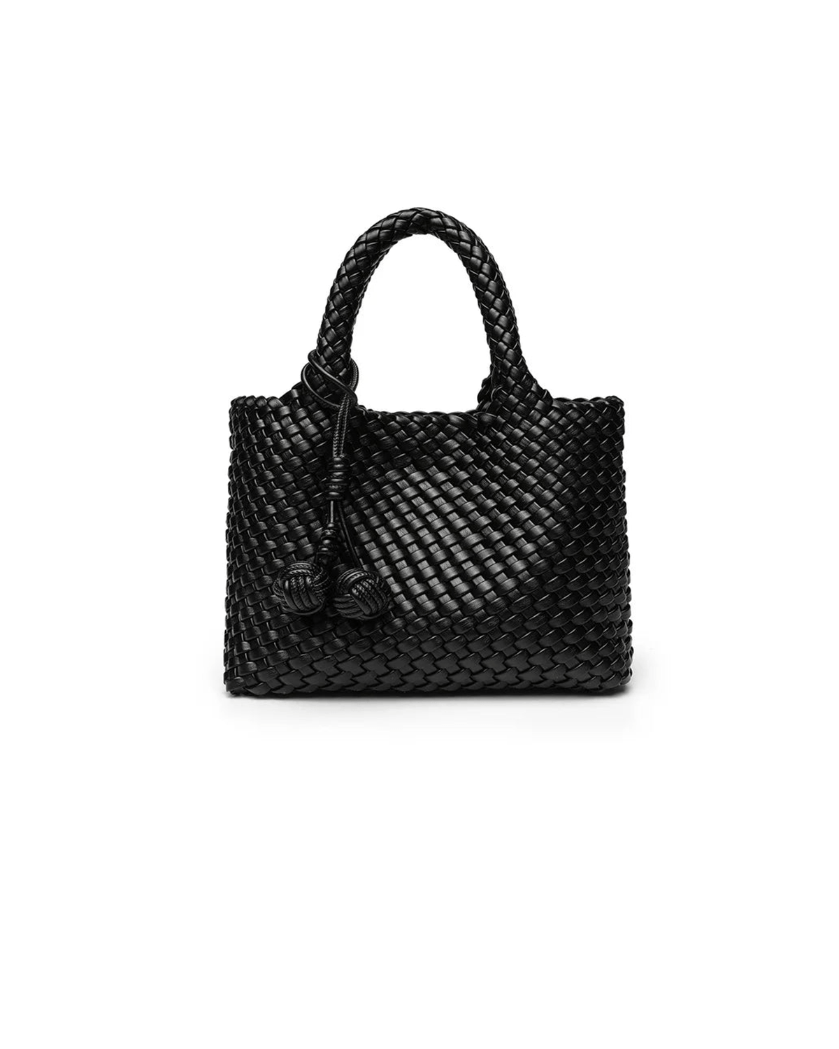 MIRAEE-UNIFORM-2026 | ISADORA – Handgewebte Crossbody Bag aus weichem PU-Leder – schwarz – freigestellte Produktansicht auf weißem Hintergrund