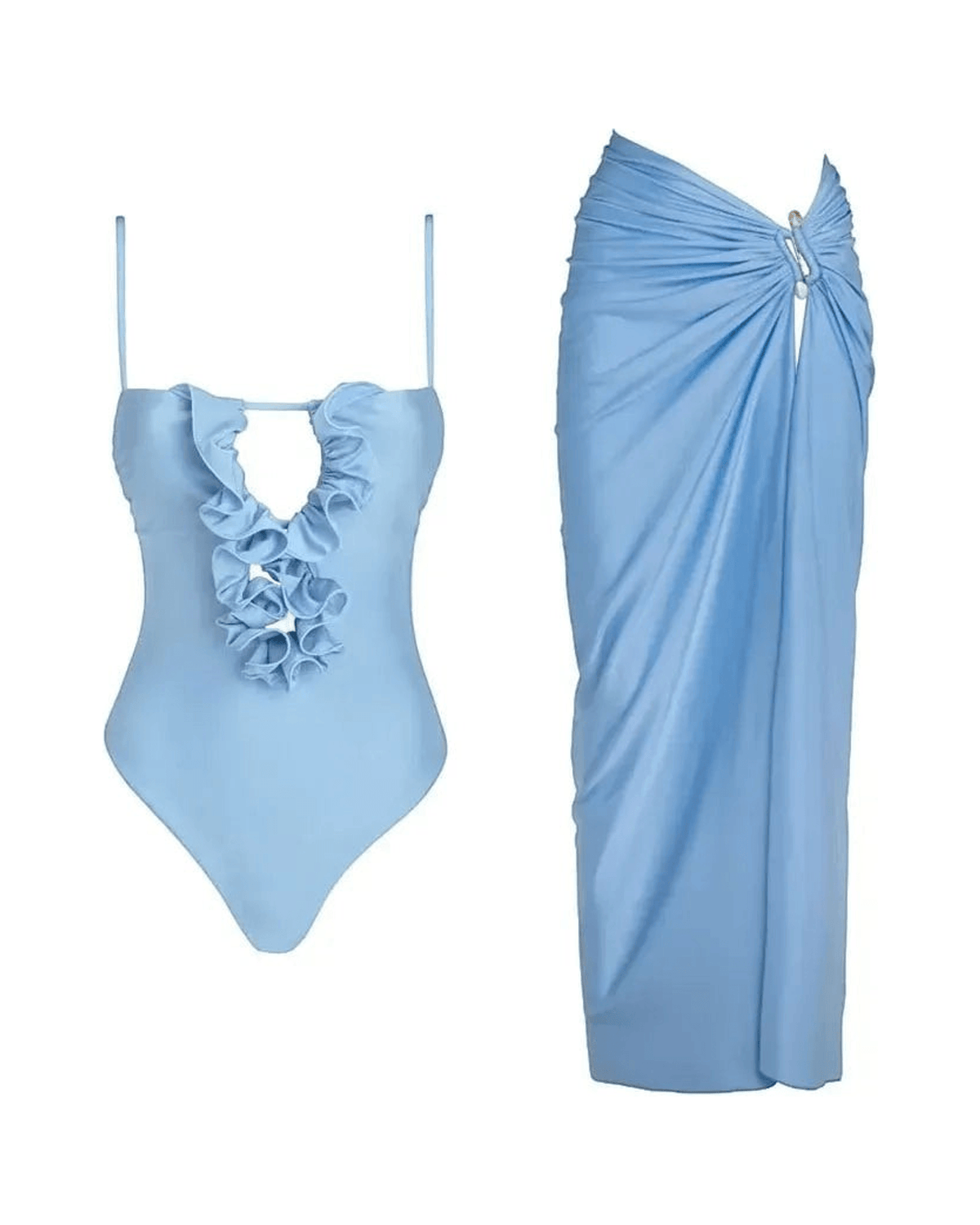 MIRAEE-UNIFORM-2026 | LARA – Sexy One-Piece Badeanzug mit Cover-Up – Blaues Set – freigestellte Produktansicht auf weißem Hintergrund