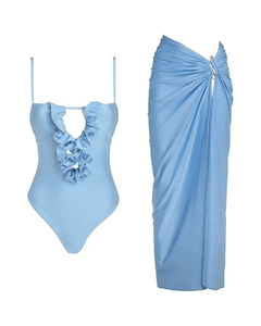 MIRAEE-UNIFORM-2026 | LARA – Sexy One-Piece Badeanzug mit Cover-Up – Blaues Set – freigestellte Produktansicht auf weißem Hintergrund