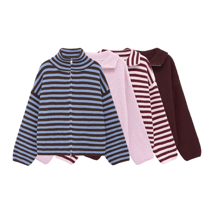 LENA – Oversized Knit-Mantel | Doppelkette & Streifen - ZAYVI