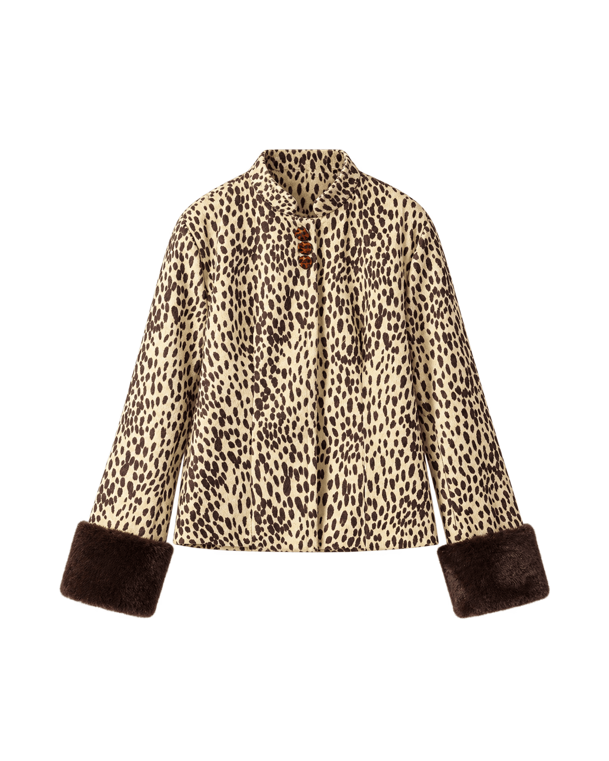 MIRAEE-UNIFORM-2026 | LÉOPARD – Leichte Damenjacke mit Leo-Print – 01 Khaki – freigestellte Produktansicht auf weißem Hintergrund
