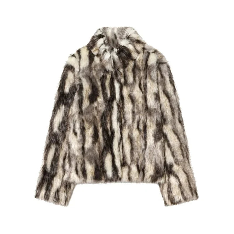 LUNA – Animal Print Kunstpelz-Stehkragenjacke - ZAYVI