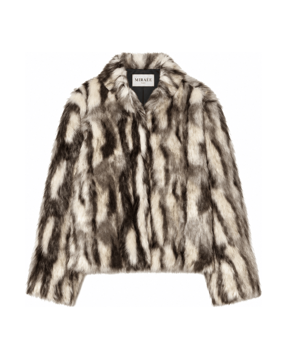 MIRAEE-UNIFORM-2026 | LUNA – Animal Print Kunstpelz-Stehkragenjacke – freigestellte Produktansicht auf weißem Hintergrund