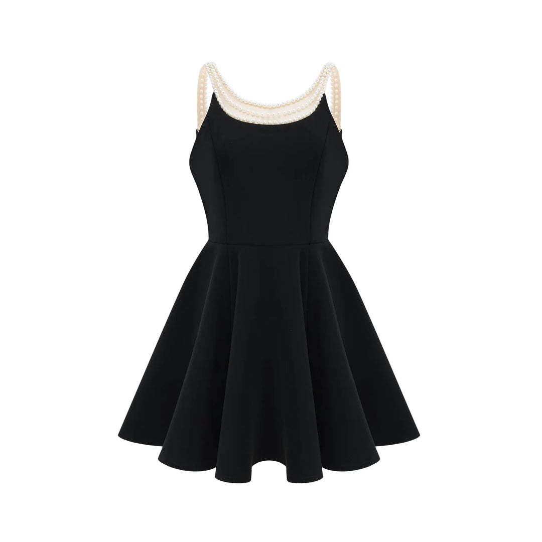 LUNA - Elegance Pearl Kleid in elegantem Schwarz mit perlenbesetztem Ausschnitt für Damenmode online kaufen.