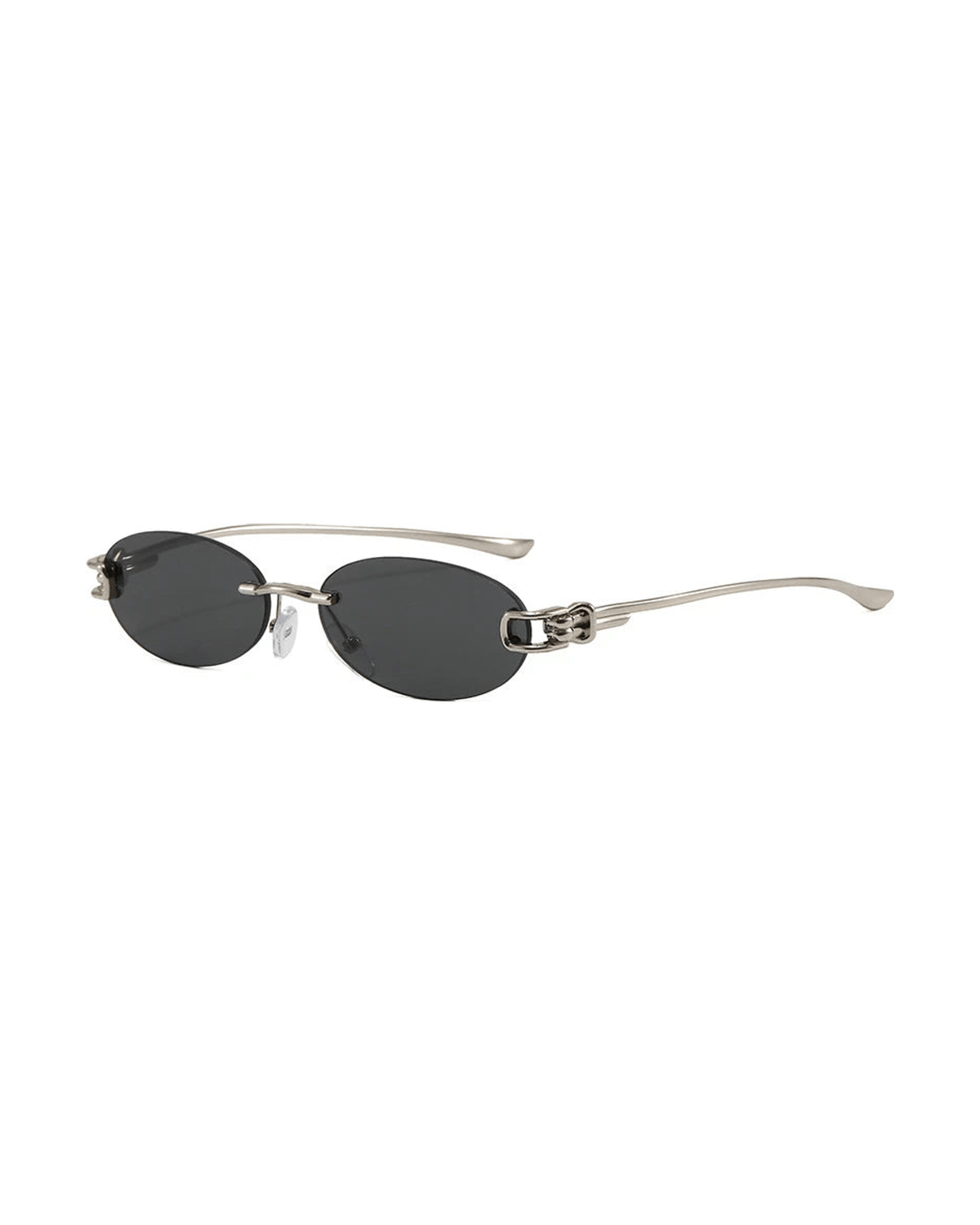 MIRAEE-UNIFORM-2026 | Luna Rimless Oval UV400 Sunglasses – Schwarz/Silber – freigestellte Produktansicht auf weißem Hintergrund
