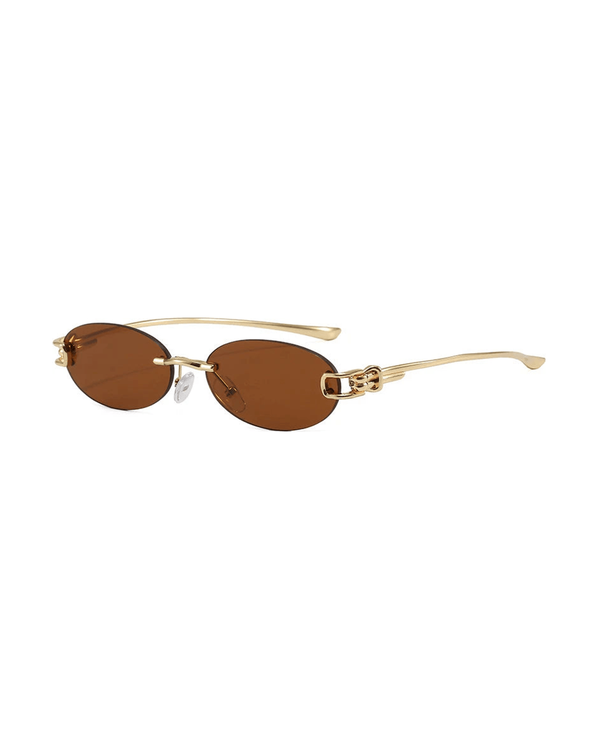 MIRAEE-UNIFORM-2026 | Luna Rimless Oval UV400 Sunglasses – Braun – freigestellte Produktansicht auf weißem Hintergrund