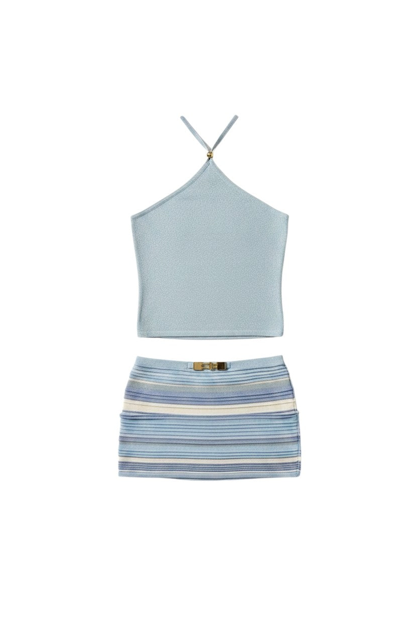 Miraee Paris light blue halter crop top and striped ruched mini skirt set made of soft knit with stretch.