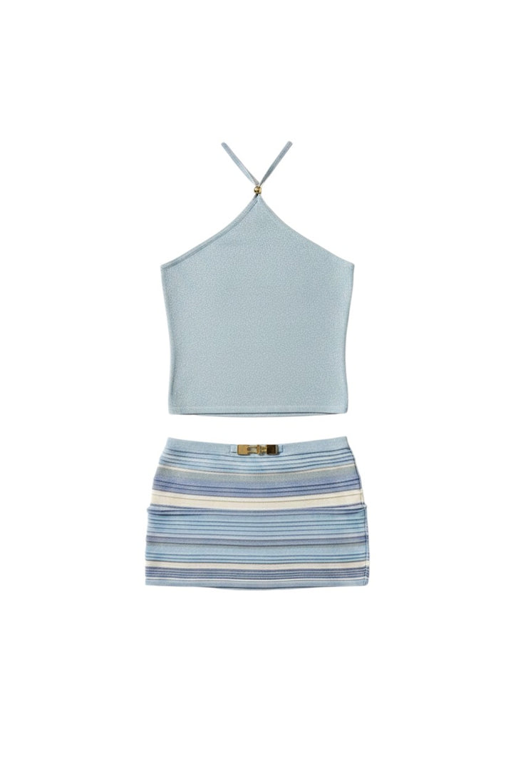 Miraee Paris light blue halter crop top and striped ruched mini skirt set made of soft knit with stretch.