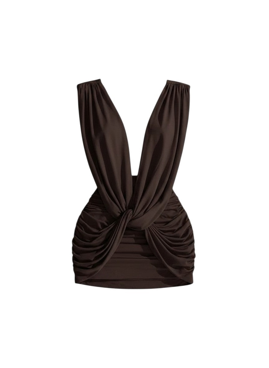 Miraee Paris Amélie Noir black backless mini dress with deep V-neck and elegant ruched detailing.