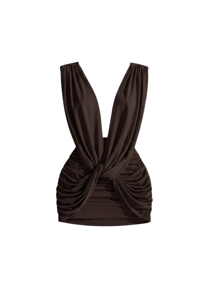 Miraee Paris Amélie Noir black backless mini dress with deep V-neck and elegant ruched detailing.