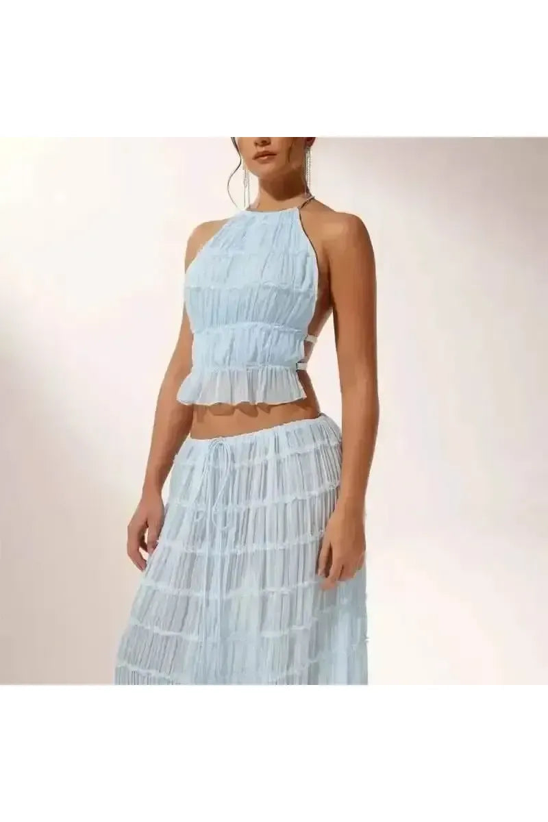 Celeste Sommerset - elegantes Sommerkleid im Hellblau, bestehend aus top und Maxirock für Damenmode online kaufen.