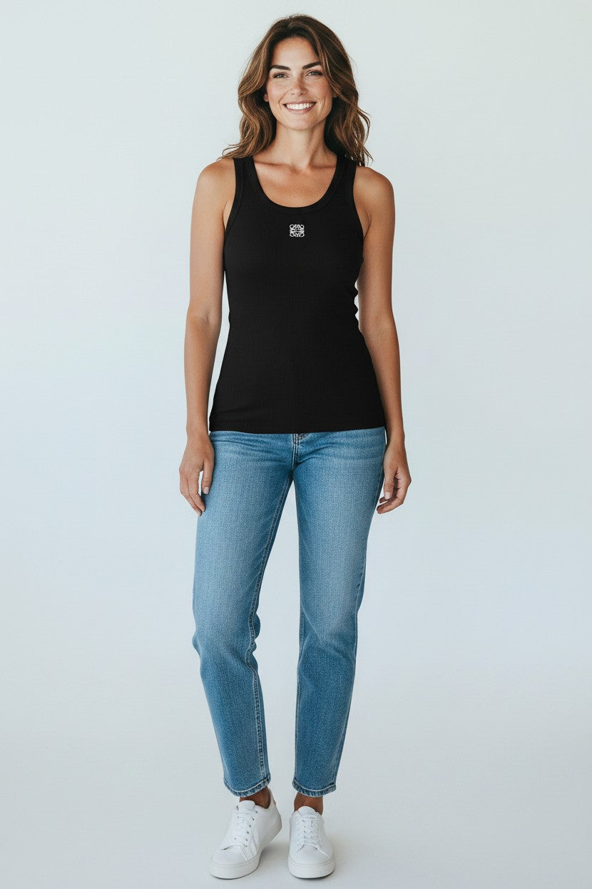 Miraee Paris black ribbed cotton tank top with scoop neck and small logo detail, worn by a model with blue jeans.