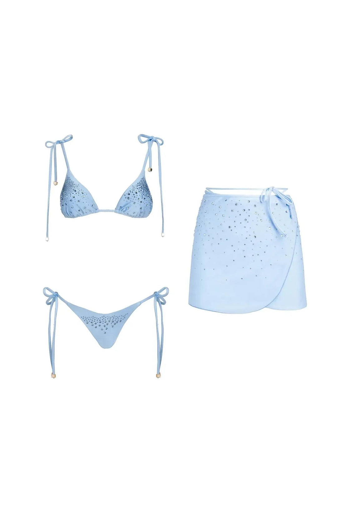 Miraee Paris Aurora Diamond 3-piece light blue bikini set with triangle top, bikini bottom, and matching wrap skirt.