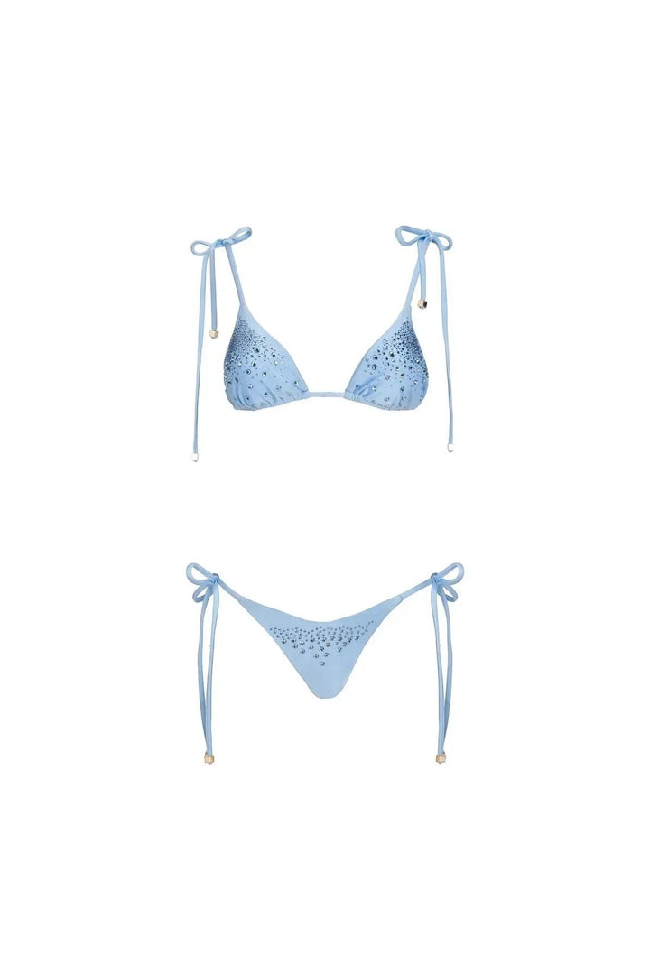 Miraee Paris light blue Aurora Diamond bikini set with sparkling crystal embellishments and tie-side details.