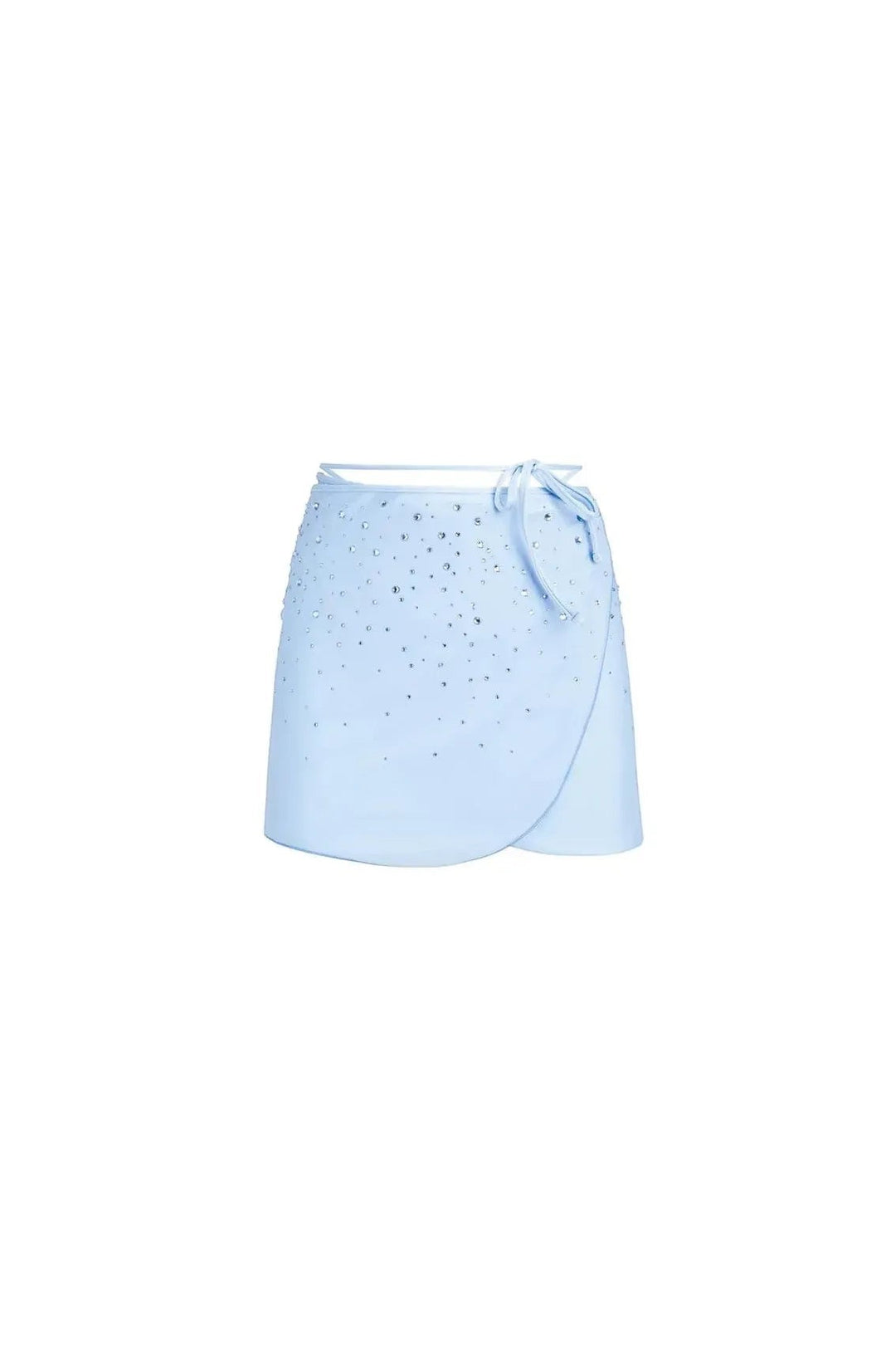 Miraee Paris light blue wrap mini skirt with sparkling diamond-effect embellishments for a glamorous beach look.