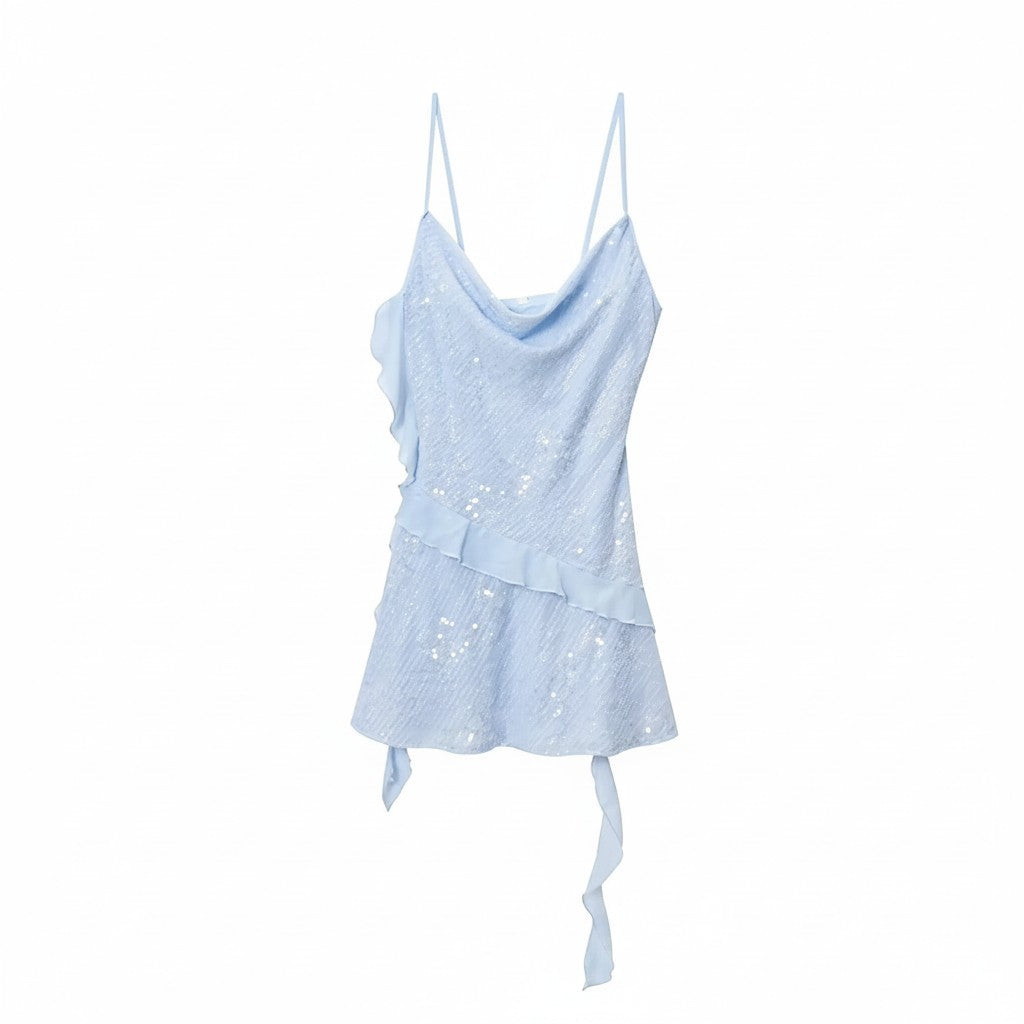 Miraee Paris light blue sequin mini dress with spaghetti straps, ruffled details, and a backless design.