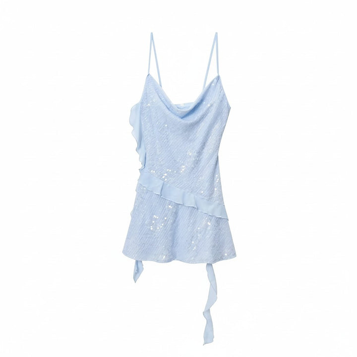 Miraee Paris light blue sequin mini dress with spaghetti straps, ruffled details, and a backless design.