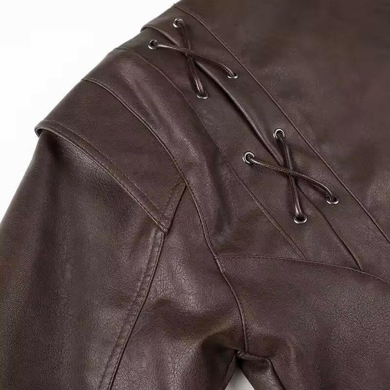 Miraéeparis Suede-Optik Damenjacke – Dunkelbraun mit Taillengürtel & Schnürdetails.