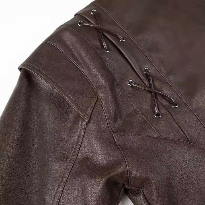 Miraéeparis Suede-Optik Damenjacke – Dunkelbraun mit Taillengürtel & Schnürdetails.