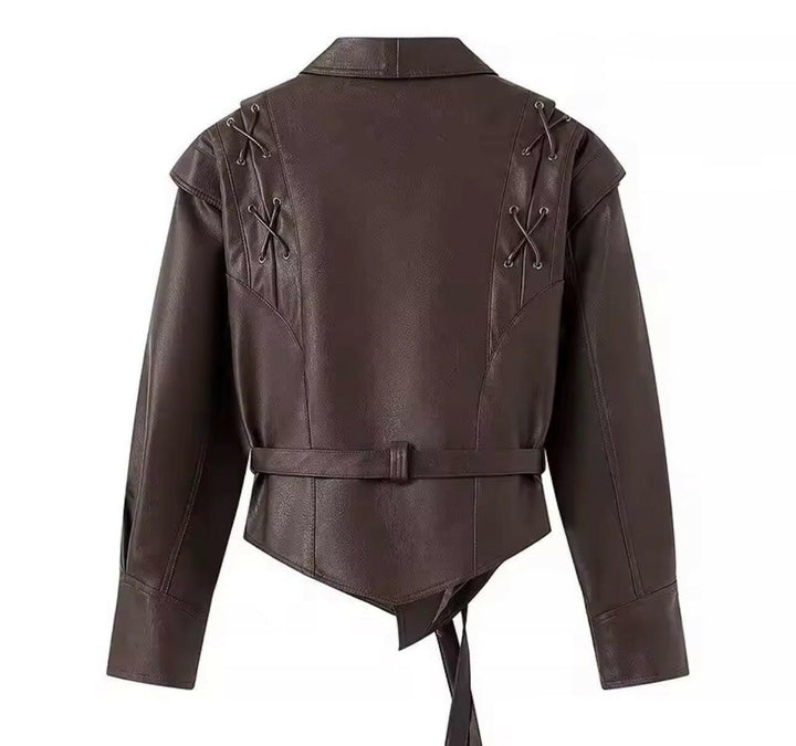 Miraéeparis Suede-Optik Damenjacke – Dunkelbraun mit Taillengürtel & Schnürdetails.
